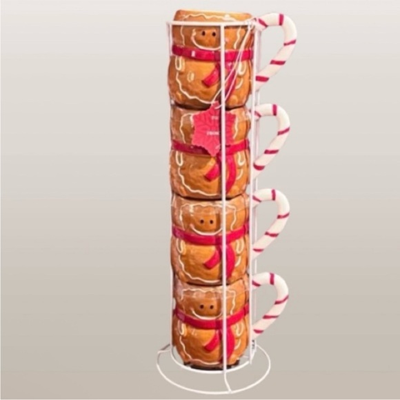NEW - Gingerbread Man Stackable Stoneware Mug Set with Metal Caddy. NWT - Picture 2 of 8